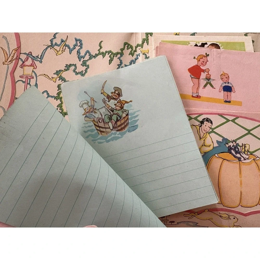 Vintage childrens stationery writing paper pink blue envelope Skeezix illus 1930